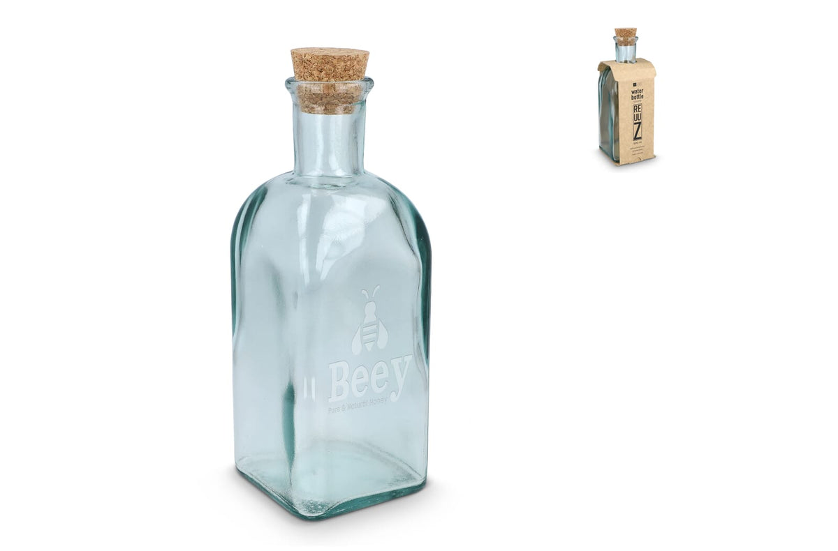 InSideOut Vierkante Gerecycled glas Waterfles ReuuZ met kurkstop 500ml