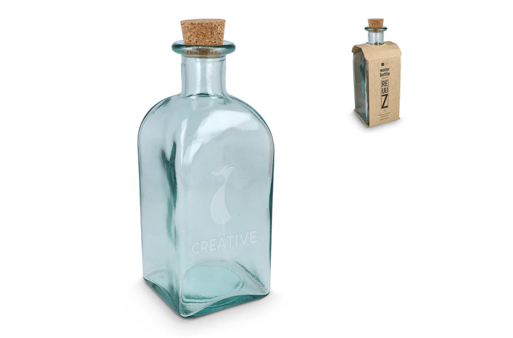 InSideOut Vierkante Gerecycled glas Waterfles ReuuZ met kurkstop 1L