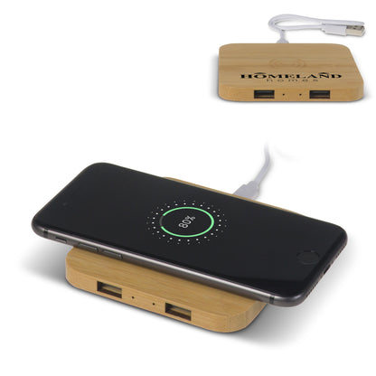 Bamboo Wireless charger with 2 USB hubs 5W
