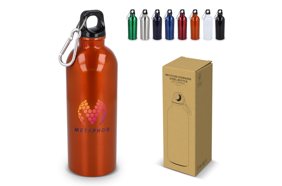 Gerecycled RVS Enkelwandige fles met Karabijnhaak 500ml